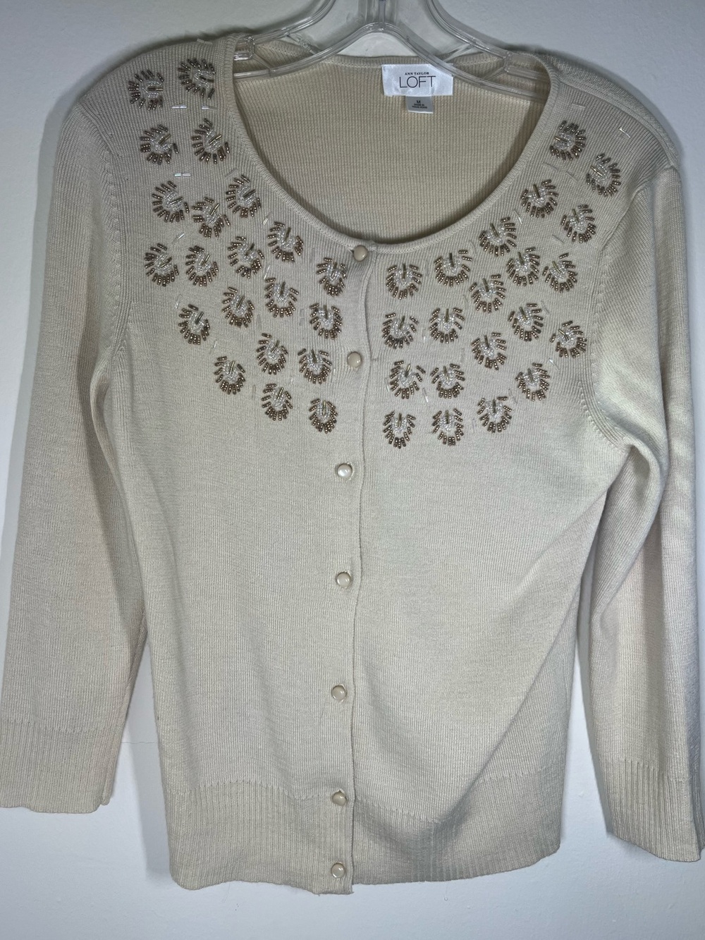 LOFT Cream Three-Quarter Sleeve Cardigan with Gold Beaded Neckline